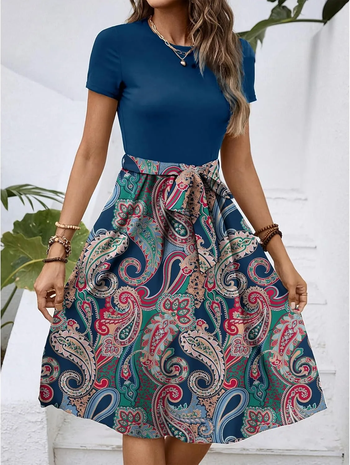 Women's Empire Waist Floral Dresses Short Sleeve Modest Midi Length Dress Summer Color Blocked Belt Dress