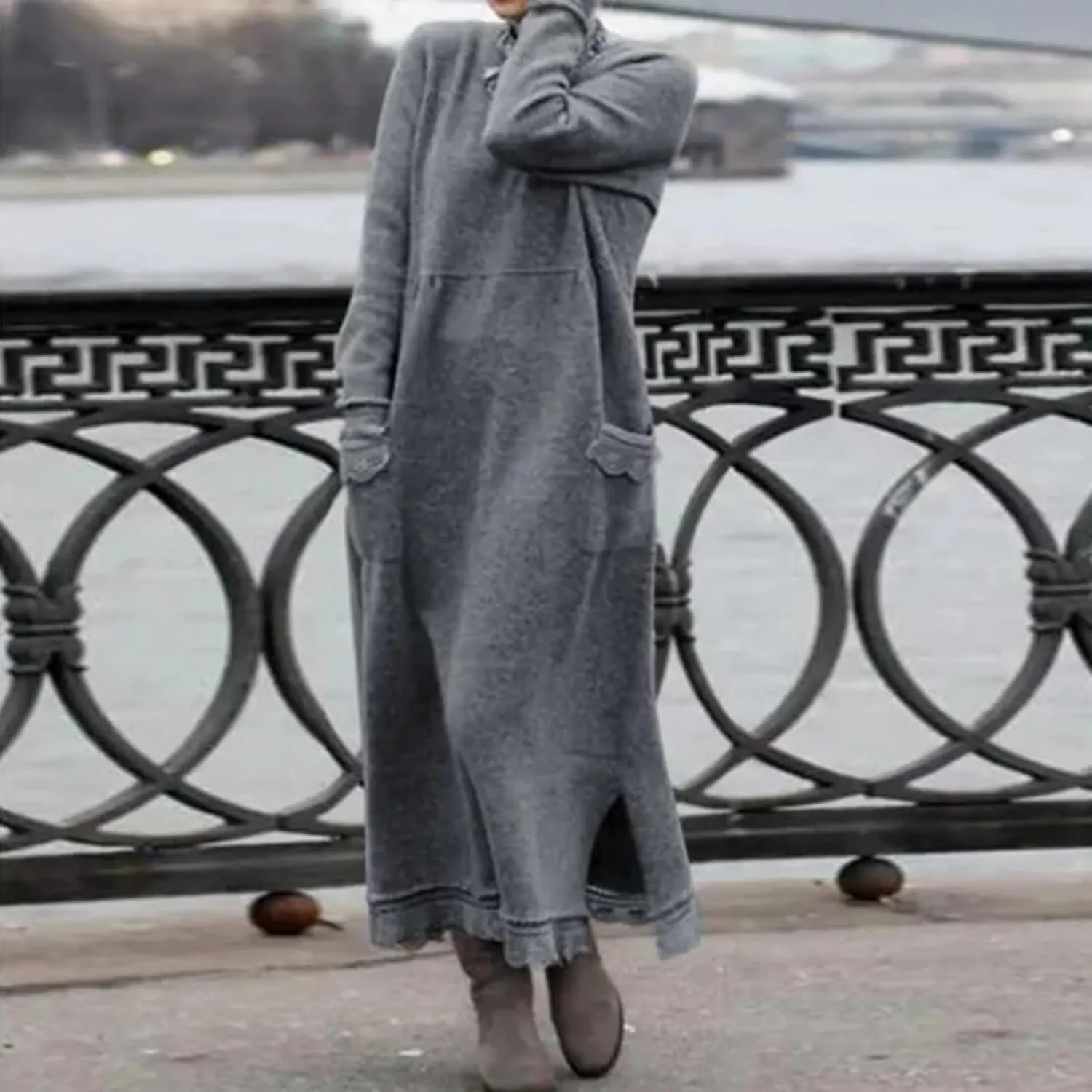 Womens Fall Casual Sweatshirt Dresses Long Sleeve Split Hem Maxi Dresses Loose Fit Ankle Length Dresses with Pockets