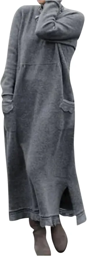 Womens Fall Casual Sweatshirt Dresses Long Sleeve Split Hem Maxi Dresses Loose Fit Ankle Length Dresses with Pockets