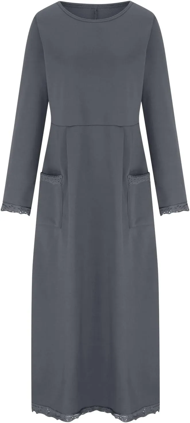 Womens Fall Casual Sweatshirt Dresses Long Sleeve Split Hem Maxi Dresses Loose Fit Ankle Length Dresses with Pockets