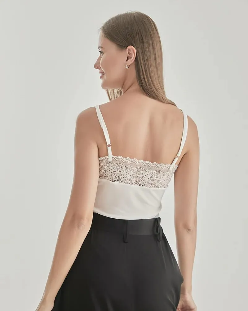 Women's Lace Silk Knitted Camisole  V-Neck Silk Blend Tank Top with Adjustable Straps,Stretchy & Stylish Layering Top