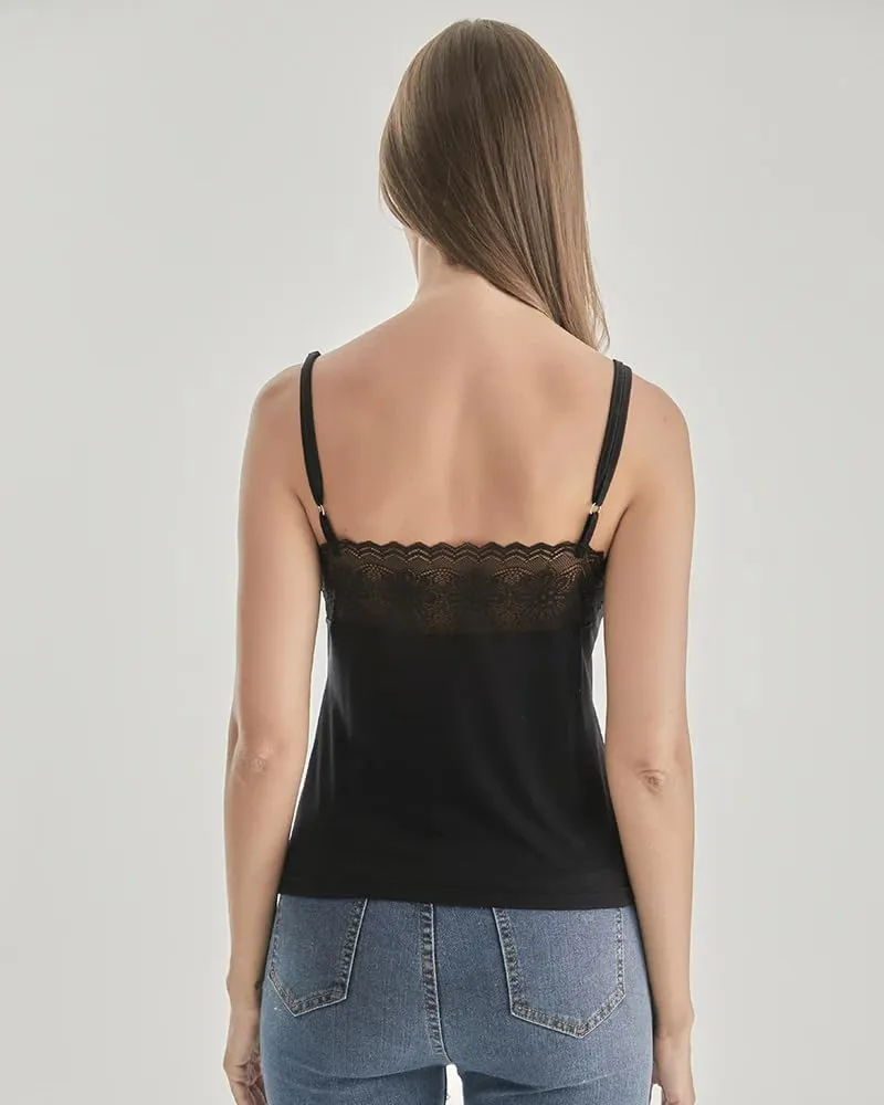 Women's Lace Silk Knitted Camisole  V-Neck Silk Blend Tank Top with Adjustable Straps,Stretchy & Stylish Layering Top