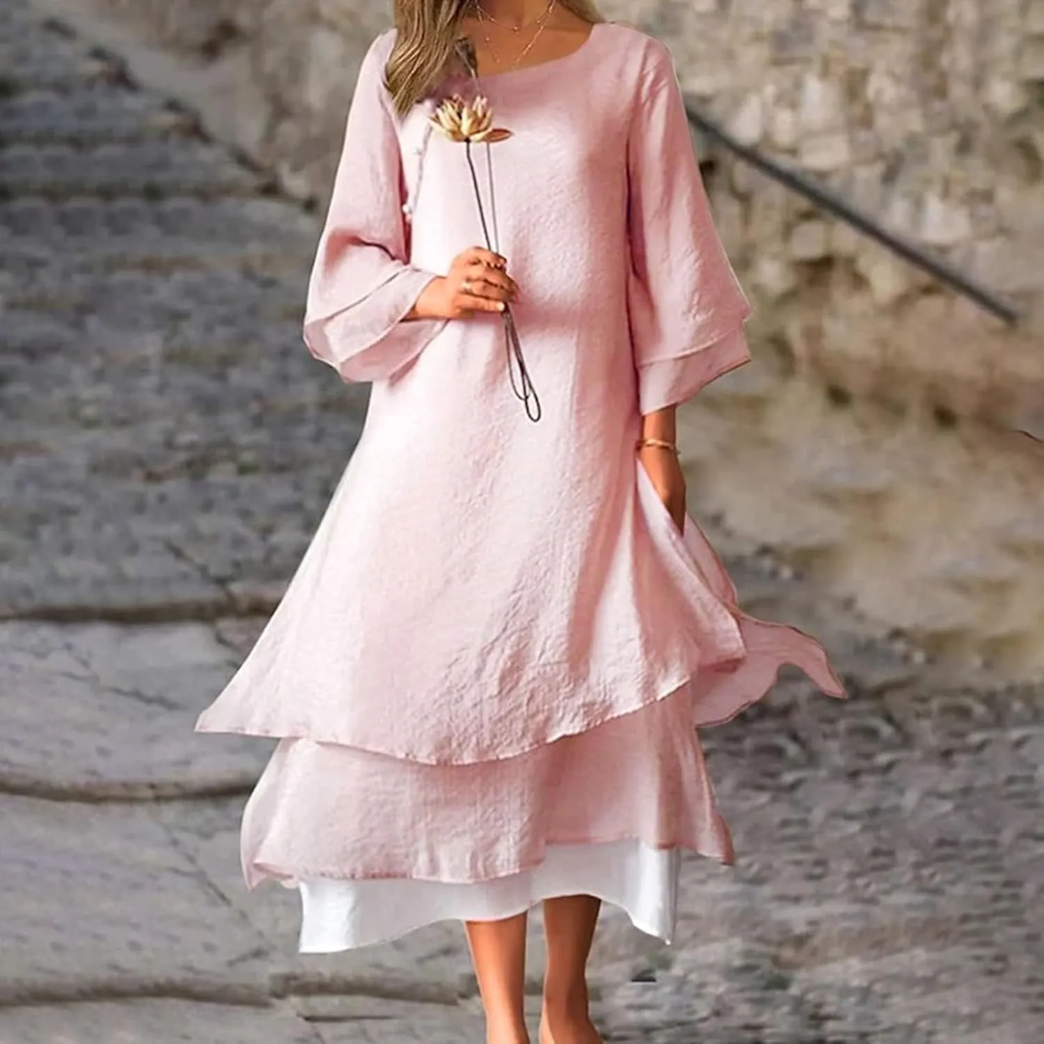 Women's Linen Dresses Layered Short Sleeve Crew Neck Dresses Loose Fit Long Dresses Summer Irregular Flowy Boho Dress