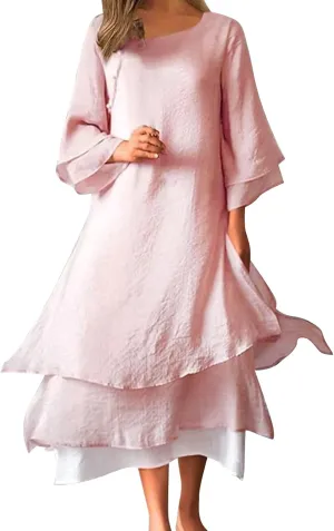 Women's Linen Dresses Layered Short Sleeve Crew Neck Dresses Loose Fit Long Dresses Summer Irregular Flowy Boho Dress