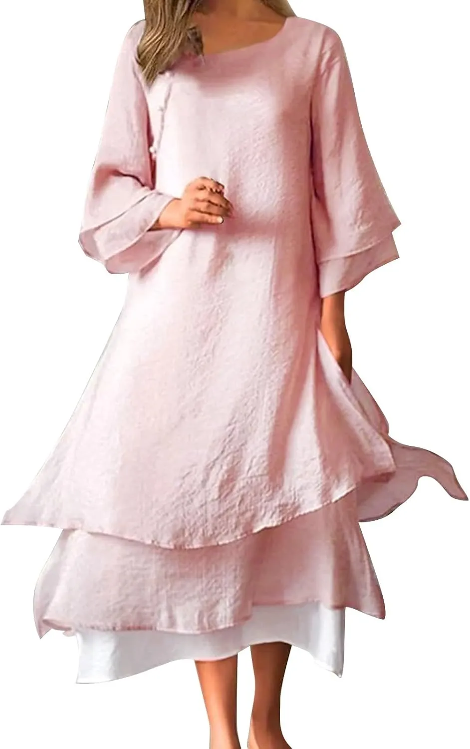 Women's Linen Dresses Layered Short Sleeve Crew Neck Dresses Loose Fit Long Dresses Summer Irregular Flowy Boho Dress