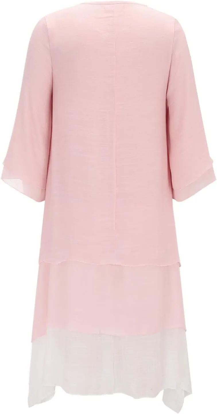 Women's Linen Dresses Layered Short Sleeve Crew Neck Dresses Loose Fit Long Dresses Summer Irregular Flowy Boho Dress