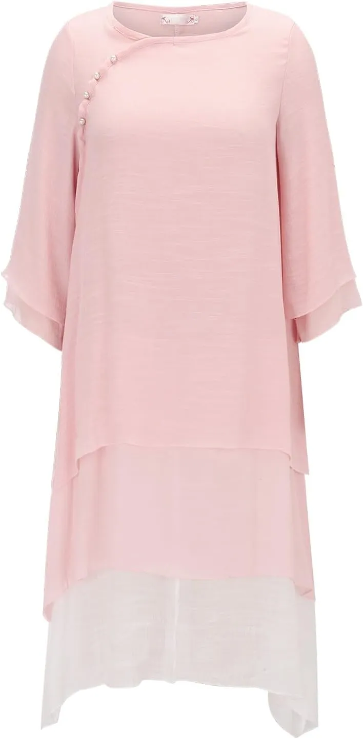 Women's Linen Dresses Layered Short Sleeve Crew Neck Dresses Loose Fit Long Dresses Summer Irregular Flowy Boho Dress