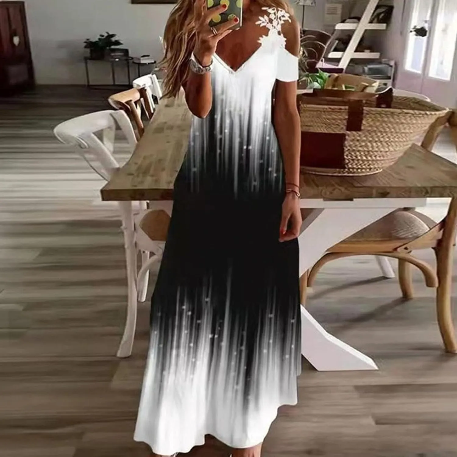 Womens Maxi Dress Lace Strap Sexy Sundresses V Neck Floral Dresses Cold Shoulder Short Sleeve Vacation Cami Dress