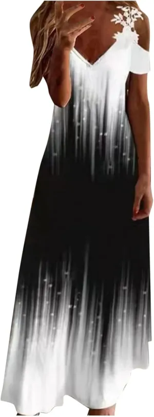 Womens Maxi Dress Lace Strap Sexy Sundresses V Neck Floral Dresses Cold Shoulder Short Sleeve Vacation Cami Dress