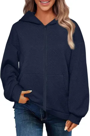 Womens Oversized Hoodie Jacket Fall Fashion 2024 Zip Up Long Sleeve Textured Hooded Sweatshirt Lightweight Jackets