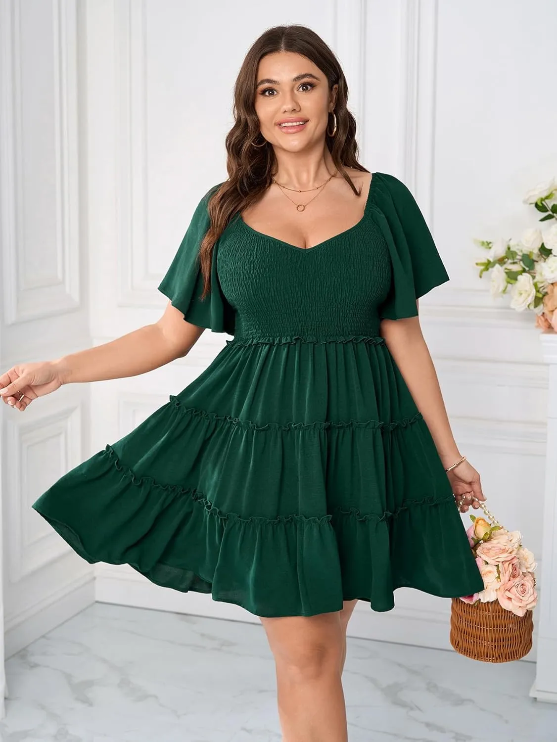 Womens Plus Size Casual Mini Dress Sweetheart Neckline Short Flutter Sleeve Smocked A Line Tiered Ruffle Dresses