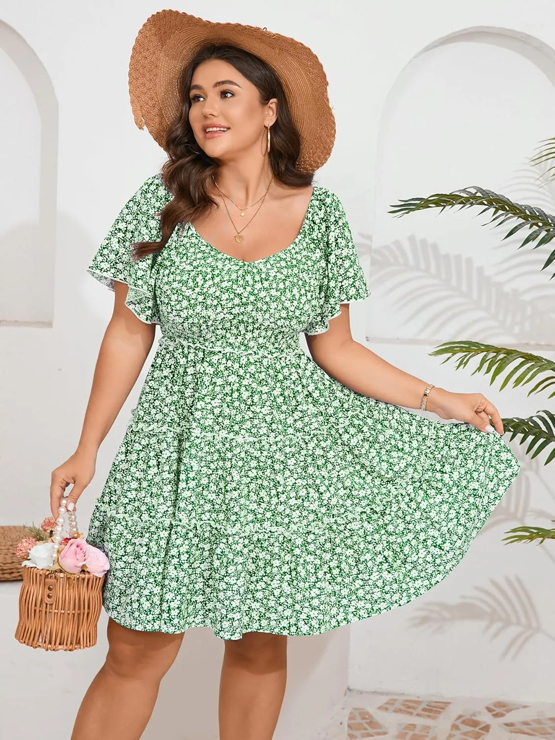 Womens Plus Size Casual Mini Dress Sweetheart Neckline Short Flutter Sleeve Smocked A Line Tiered Ruffle Dresses