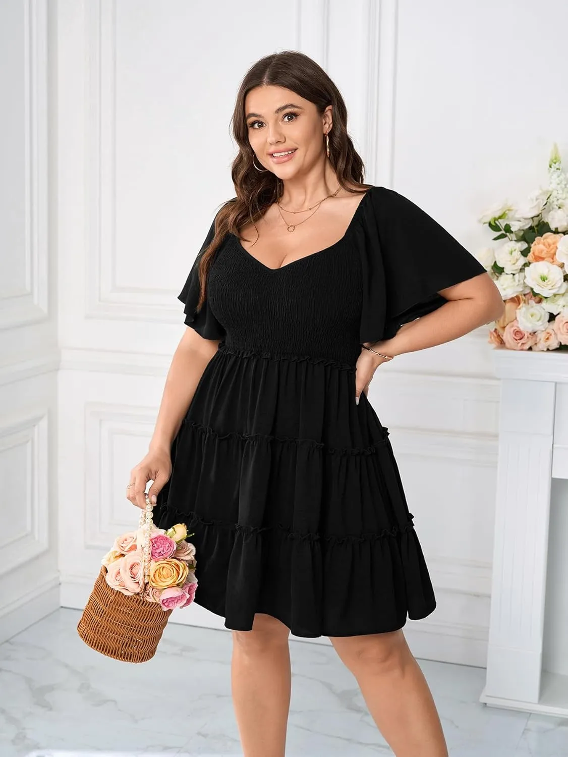 Womens Plus Size Casual Mini Dress Sweetheart Neckline Short Flutter Sleeve Smocked A Line Tiered Ruffle Dresses