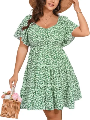 Womens Plus Size Casual Mini Dress Sweetheart Neckline Short Flutter Sleeve Smocked A Line Tiered Ruffle Dresses