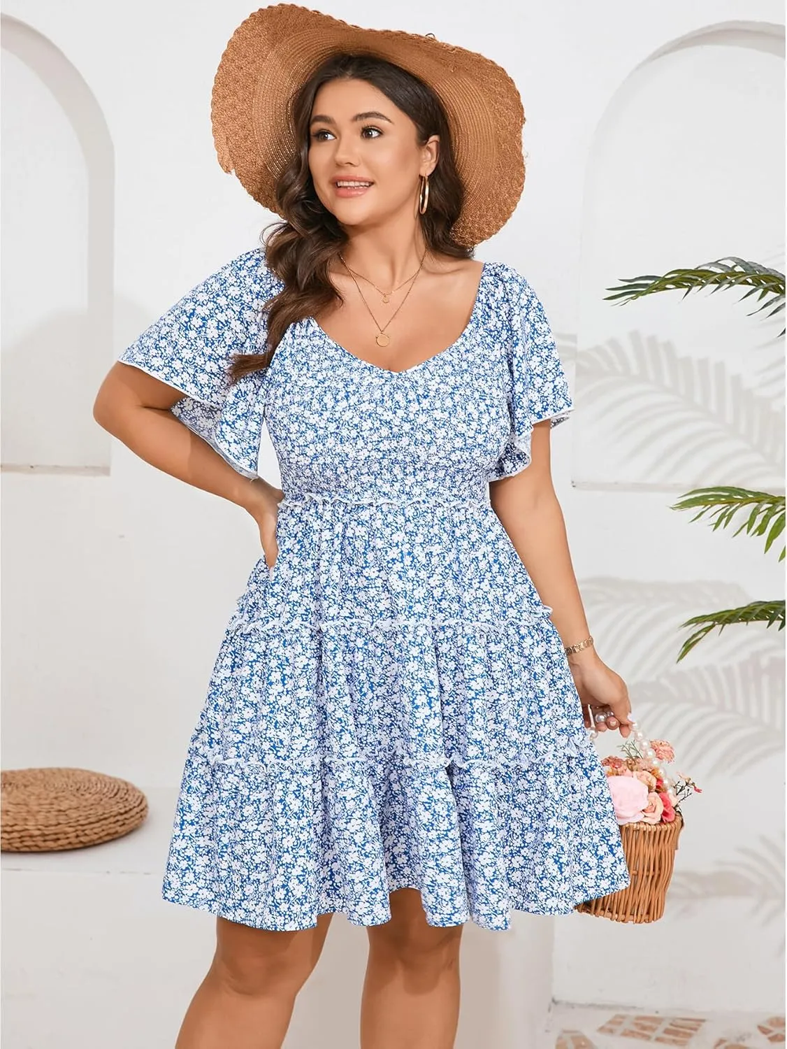 Womens Plus Size Casual Mini Dress Sweetheart Neckline Short Flutter Sleeve Smocked A Line Tiered Ruffle Dresses