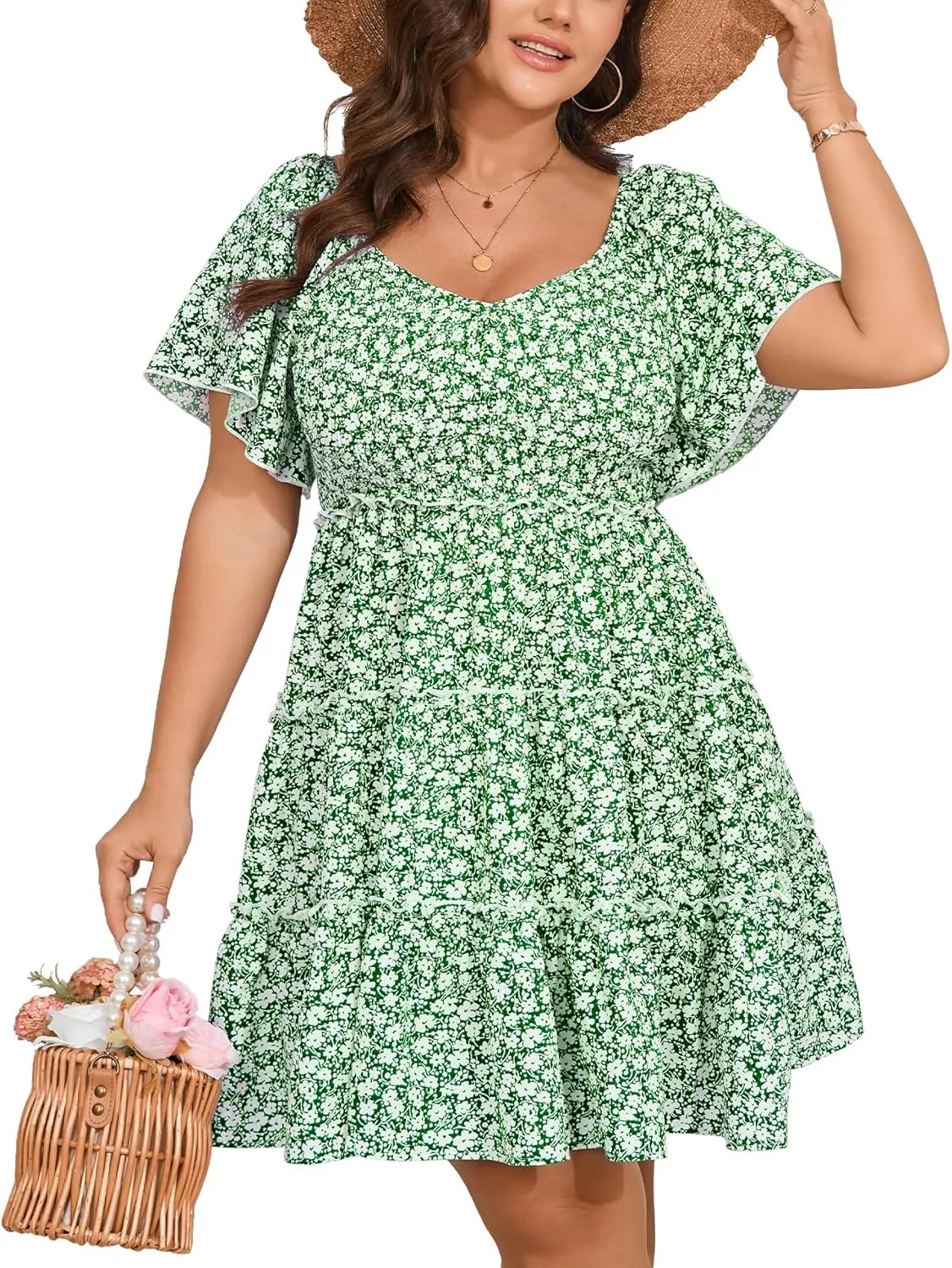 Womens Plus Size Casual Mini Dress Sweetheart Neckline Short Flutter Sleeve Smocked A Line Tiered Ruffle Dresses