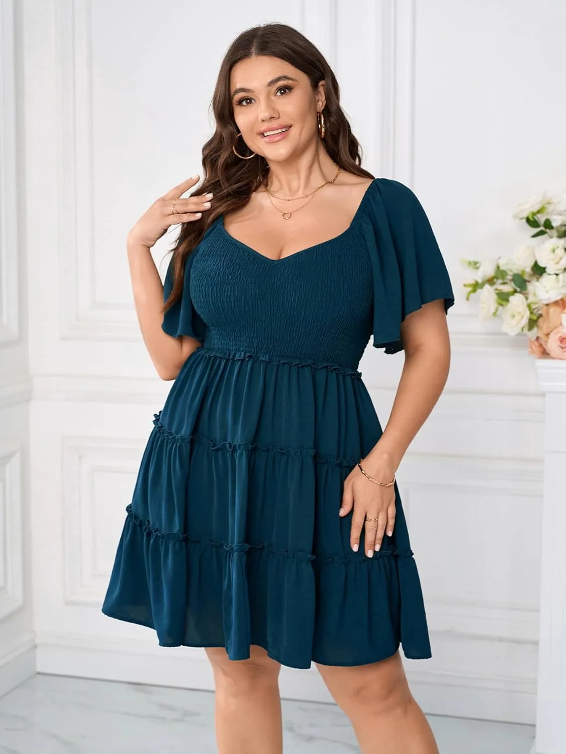 Womens Plus Size Casual Mini Dress Sweetheart Neckline Short Flutter Sleeve Smocked A Line Tiered Ruffle Dresses