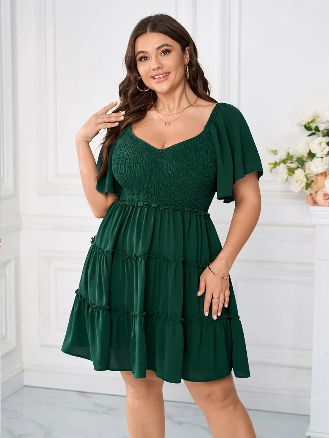 Womens Plus Size Casual Mini Dress Sweetheart Neckline Short Flutter Sleeve Smocked A Line Tiered Ruffle Dresses
