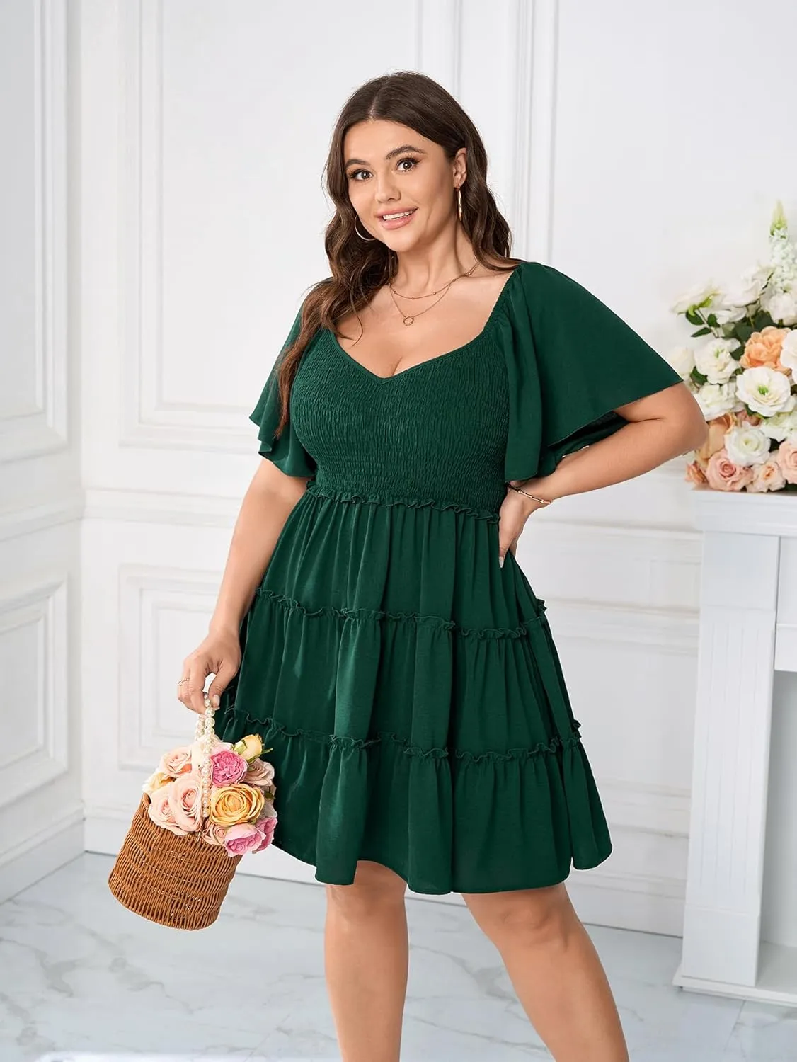 Womens Plus Size Casual Mini Dress Sweetheart Neckline Short Flutter Sleeve Smocked A Line Tiered Ruffle Dresses
