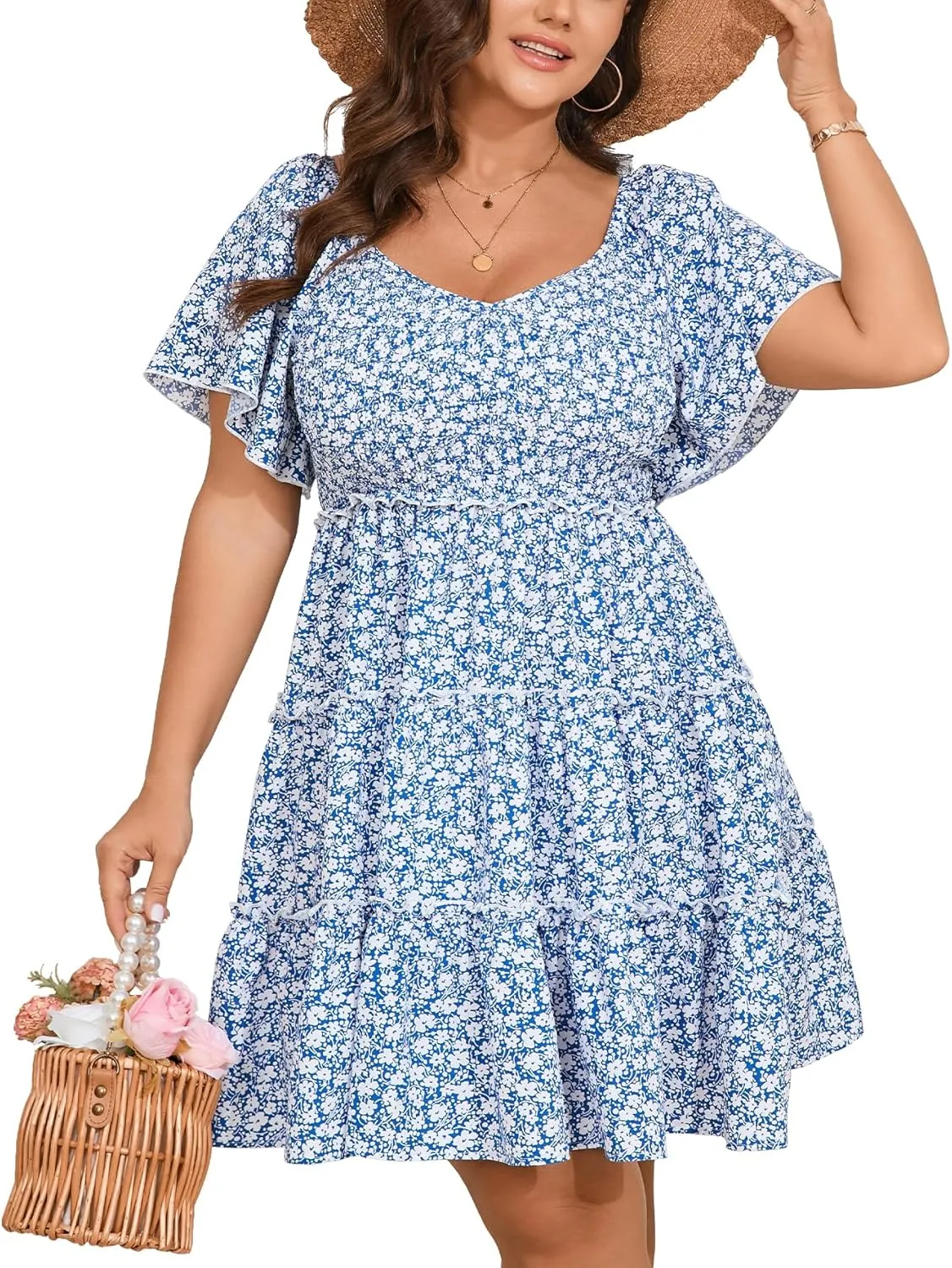 Womens Plus Size Casual Mini Dress Sweetheart Neckline Short Flutter Sleeve Smocked A Line Tiered Ruffle Dresses