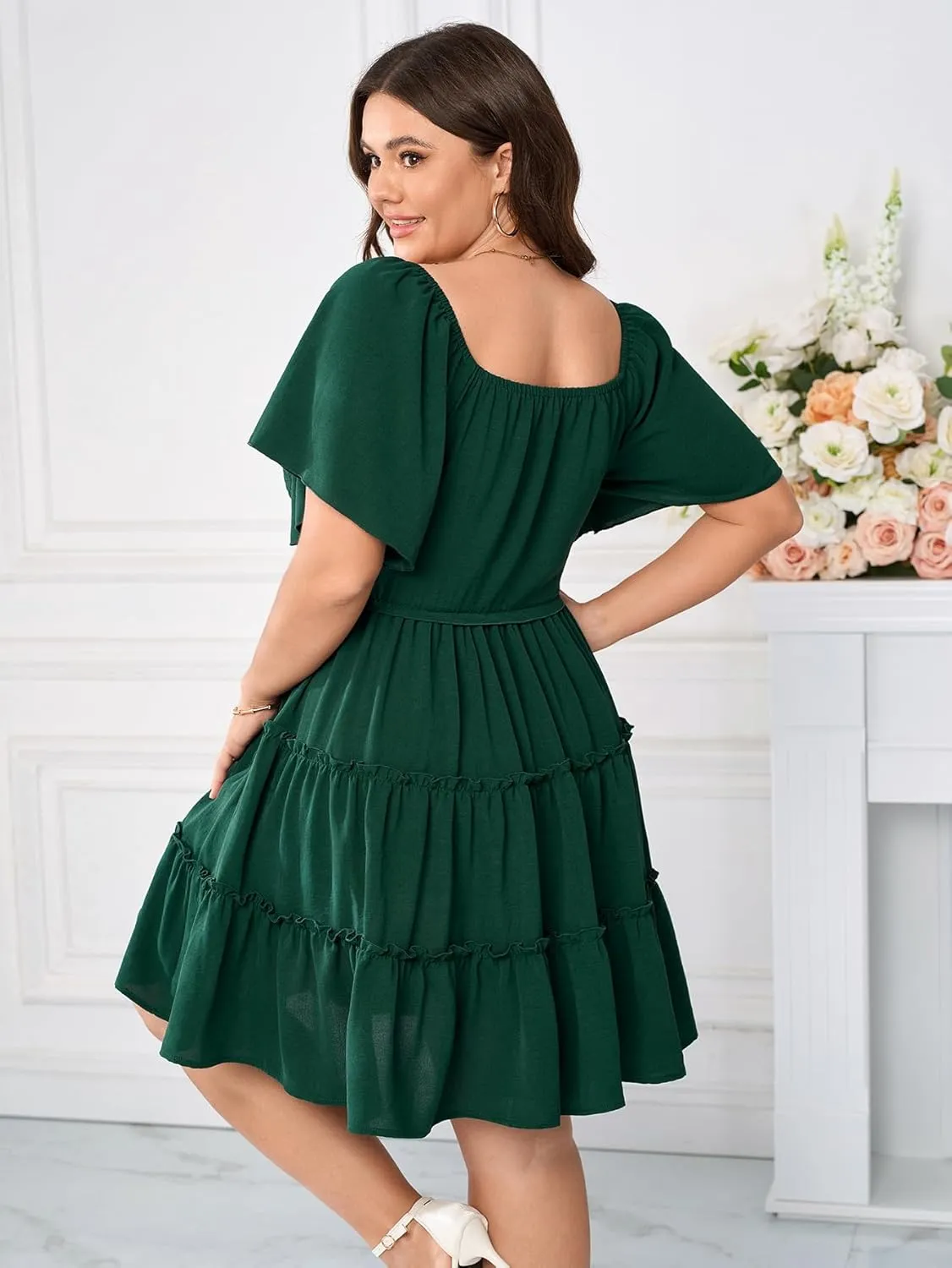 Womens Plus Size Casual Mini Dress Sweetheart Neckline Short Flutter Sleeve Smocked A Line Tiered Ruffle Dresses
