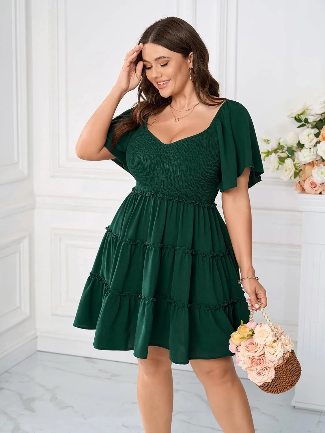 Womens Plus Size Casual Mini Dress Sweetheart Neckline Short Flutter Sleeve Smocked A Line Tiered Ruffle Dresses