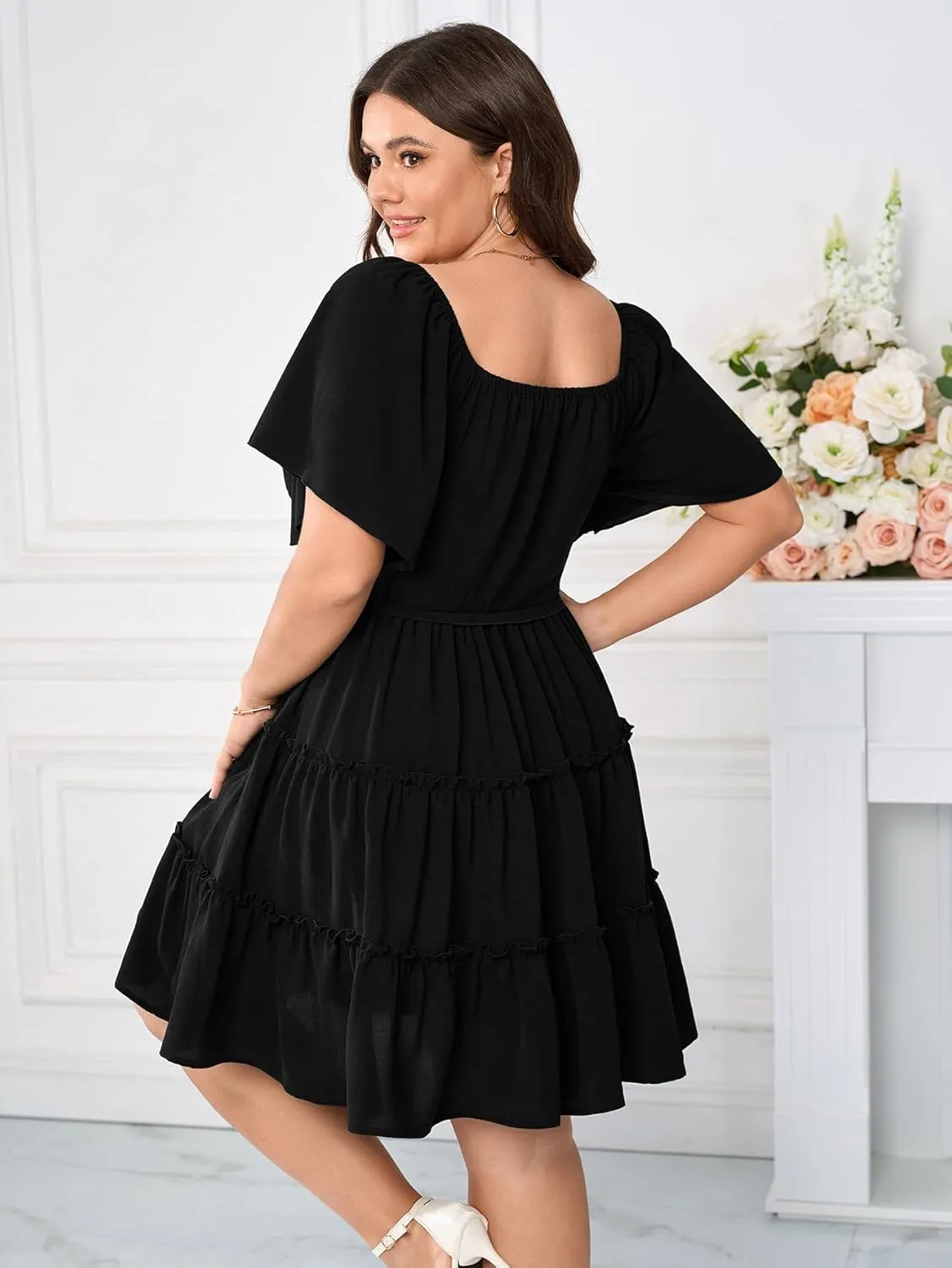 Womens Plus Size Casual Mini Dress Sweetheart Neckline Short Flutter Sleeve Smocked A Line Tiered Ruffle Dresses