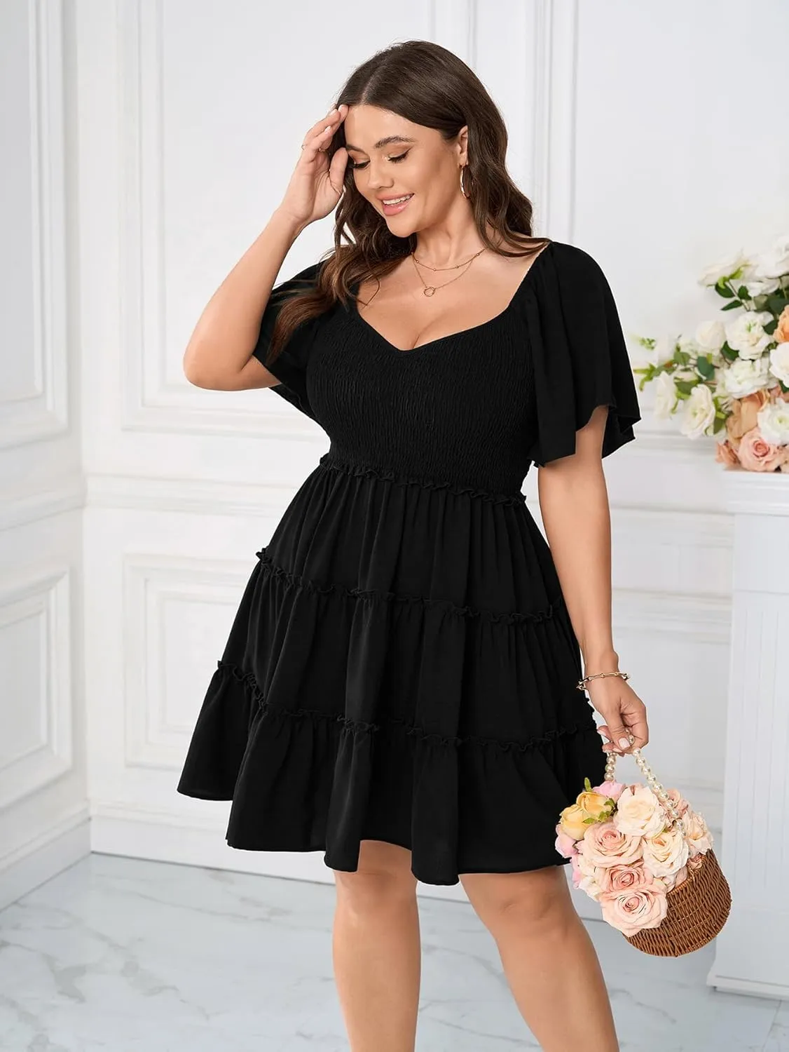 Womens Plus Size Casual Mini Dress Sweetheart Neckline Short Flutter Sleeve Smocked A Line Tiered Ruffle Dresses
