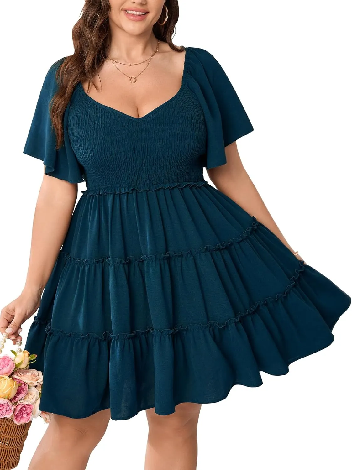 Womens Plus Size Casual Mini Dress Sweetheart Neckline Short Flutter Sleeve Smocked A Line Tiered Ruffle Dresses