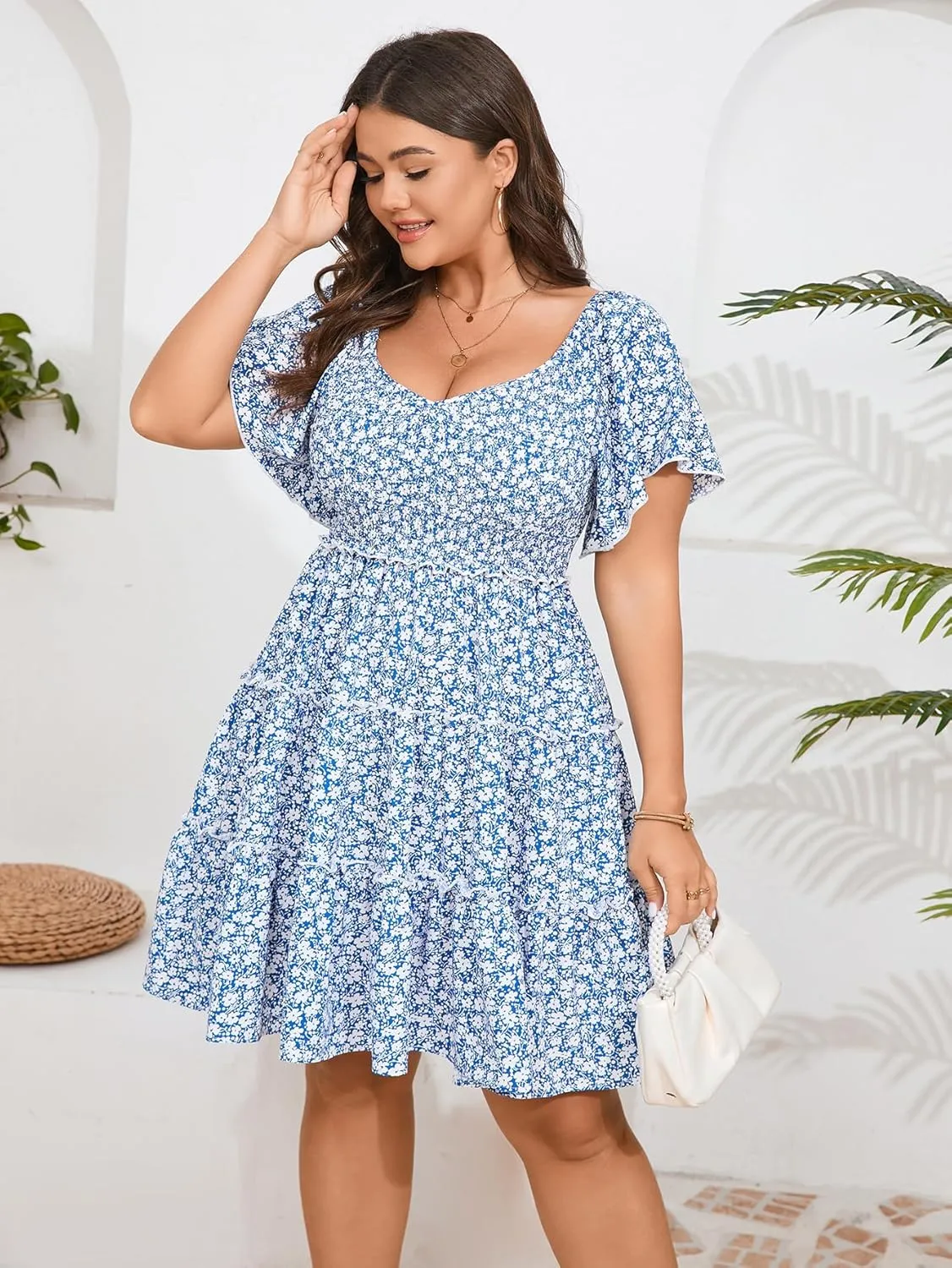Womens Plus Size Casual Mini Dress Sweetheart Neckline Short Flutter Sleeve Smocked A Line Tiered Ruffle Dresses