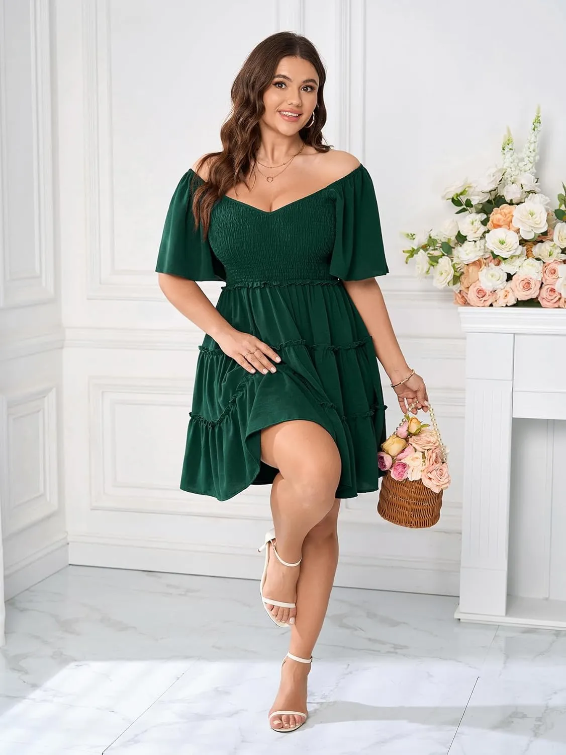 Womens Plus Size Casual Mini Dress Sweetheart Neckline Short Flutter Sleeve Smocked A Line Tiered Ruffle Dresses