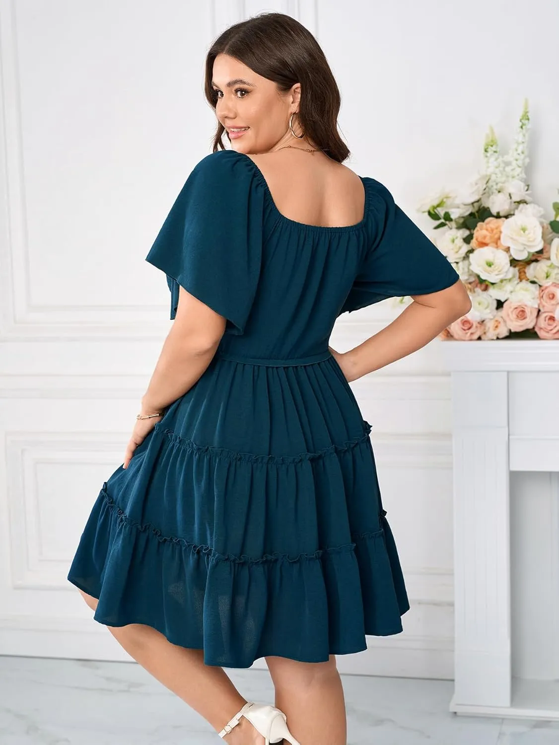 Womens Plus Size Casual Mini Dress Sweetheart Neckline Short Flutter Sleeve Smocked A Line Tiered Ruffle Dresses