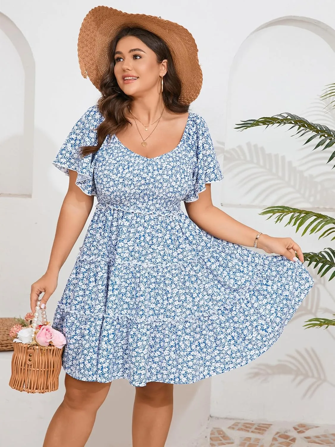 Womens Plus Size Casual Mini Dress Sweetheart Neckline Short Flutter Sleeve Smocked A Line Tiered Ruffle Dresses