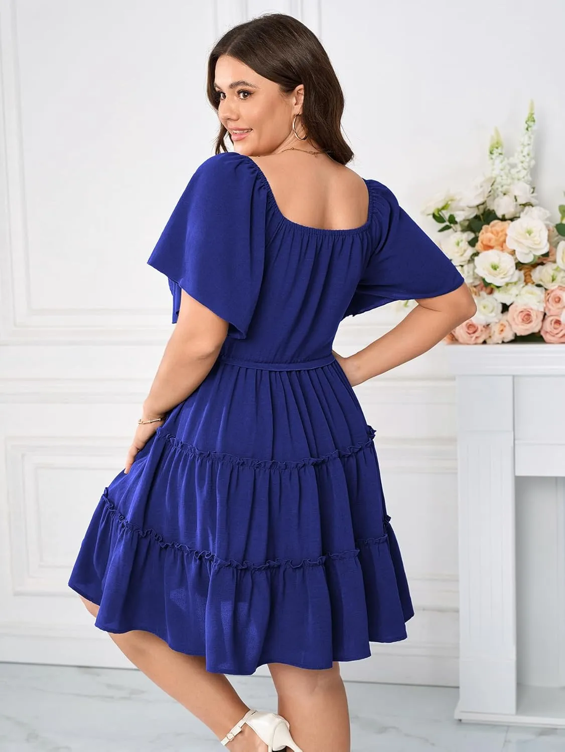 Womens Plus Size Casual Mini Dress Sweetheart Neckline Short Flutter Sleeve Smocked A Line Tiered Ruffle Dresses