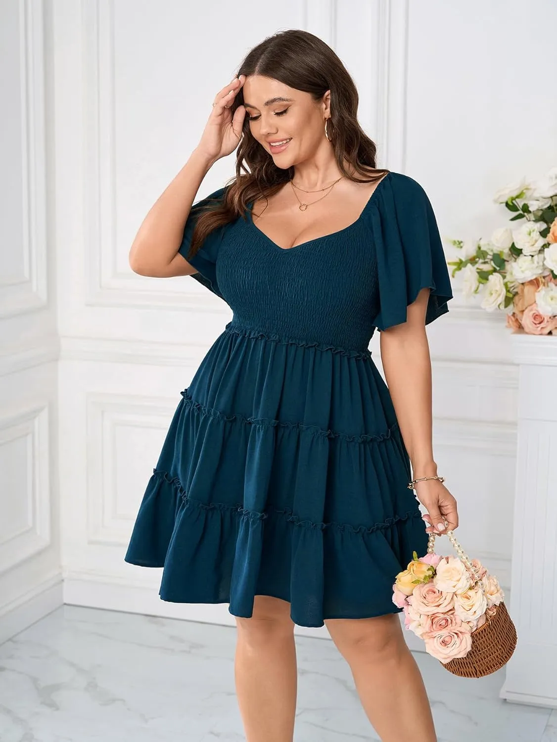Womens Plus Size Casual Mini Dress Sweetheart Neckline Short Flutter Sleeve Smocked A Line Tiered Ruffle Dresses