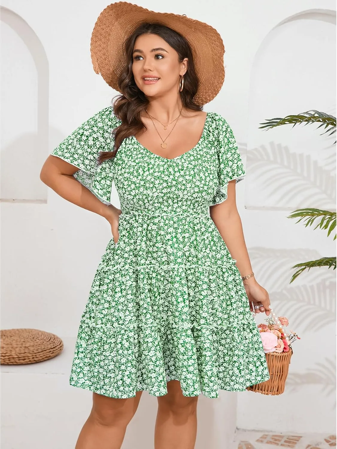 Womens Plus Size Casual Mini Dress Sweetheart Neckline Short Flutter Sleeve Smocked A Line Tiered Ruffle Dresses