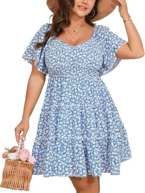 Womens Plus Size Casual Mini Dress Sweetheart Neckline Short Flutter Sleeve Smocked A Line Tiered Ruffle Dresses