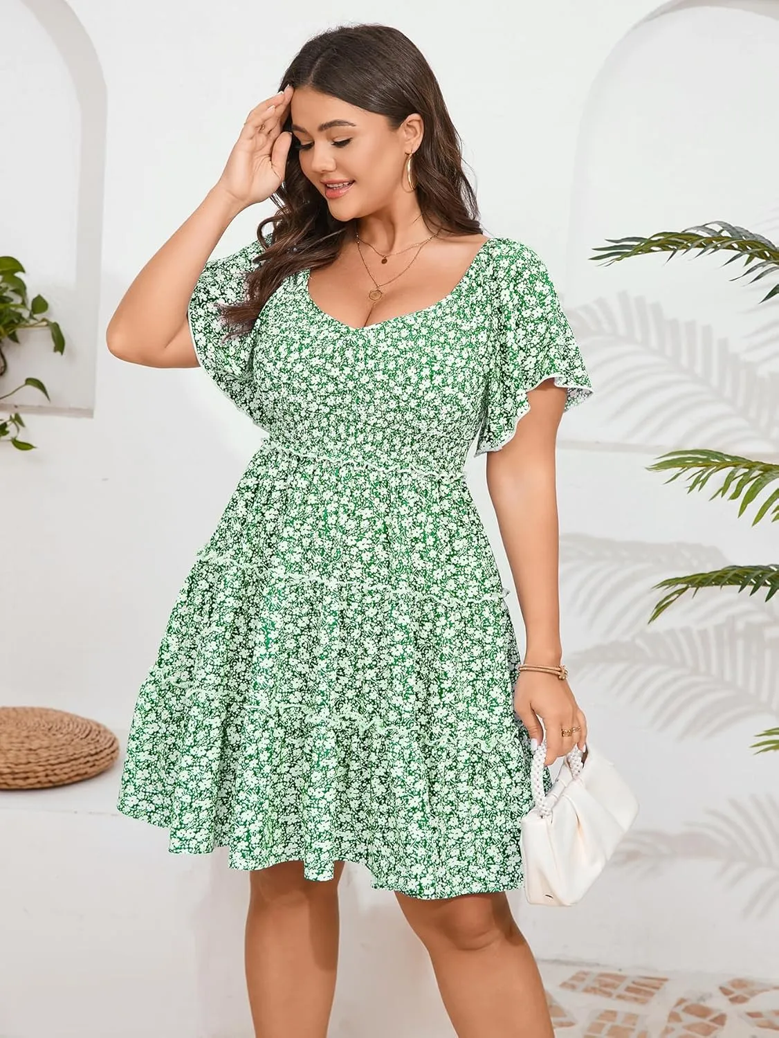 Womens Plus Size Casual Mini Dress Sweetheart Neckline Short Flutter Sleeve Smocked A Line Tiered Ruffle Dresses