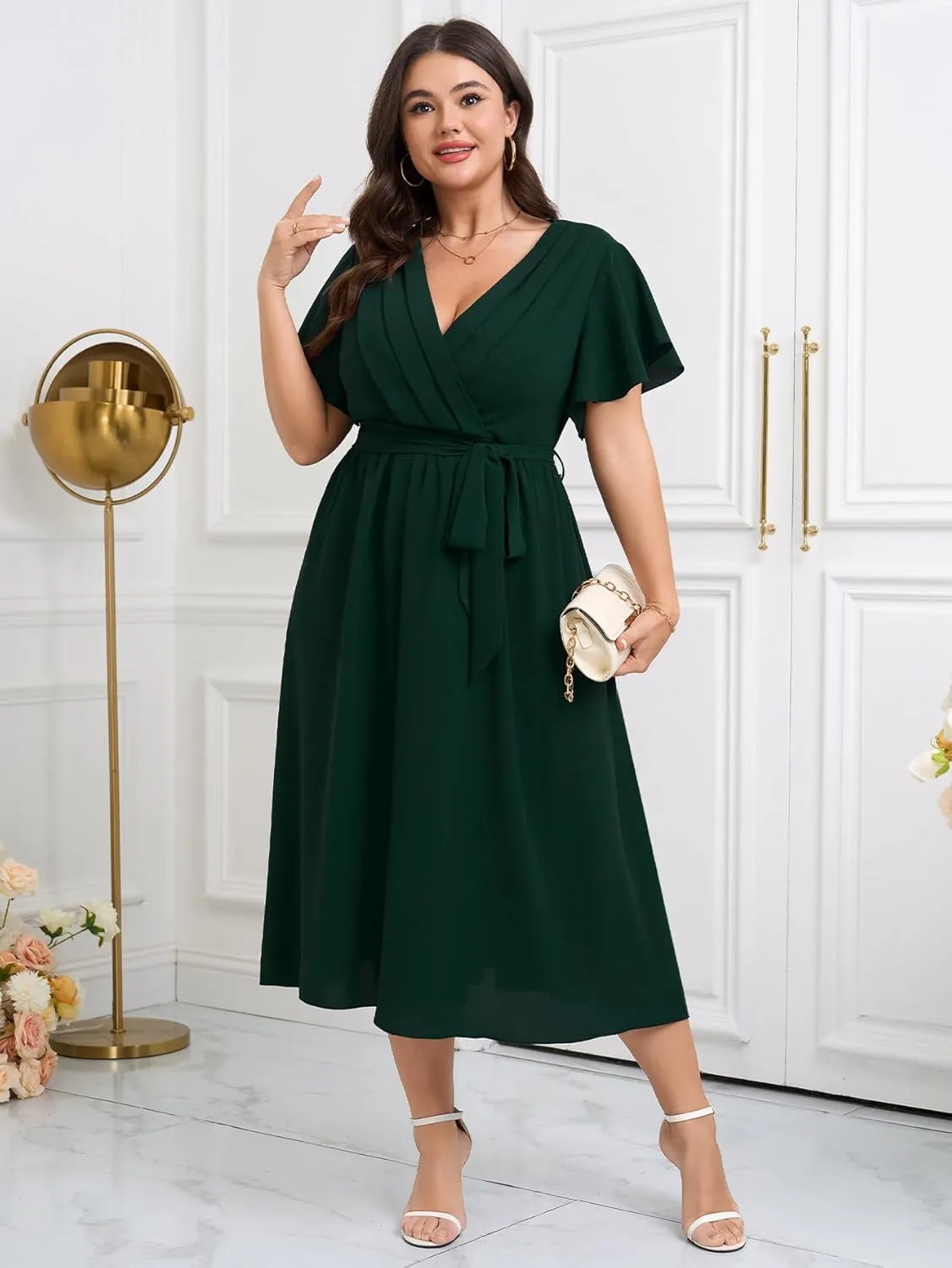 Womens Plus Size Dress Wedding Guest Cocktail Pleated V Neck Wrap V Neck Flowy A Line Midi Dresses with Belt