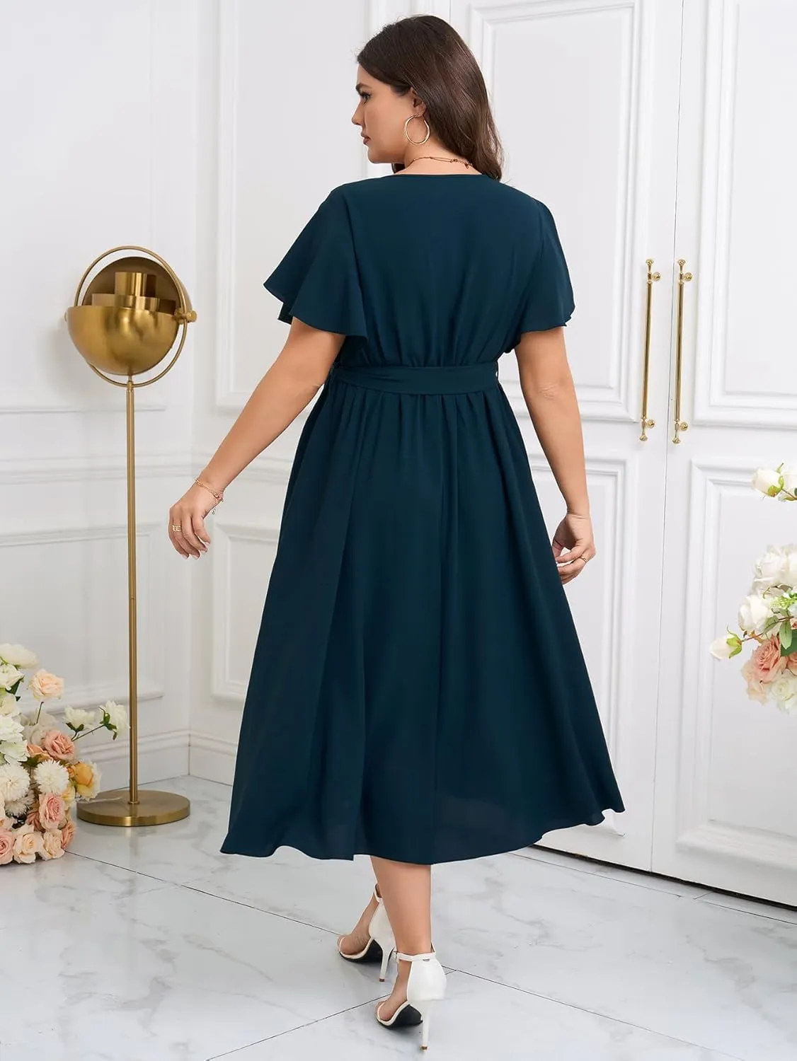 Womens Plus Size Dress Wedding Guest Cocktail Pleated V Neck Wrap V Neck Flowy A Line Midi Dresses with Belt