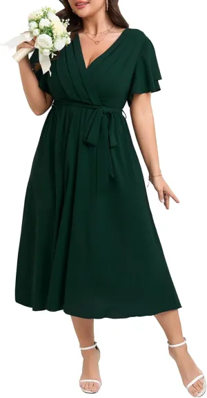 Womens Plus Size Dress Wedding Guest Cocktail Pleated V Neck Wrap V Neck Flowy A Line Midi Dresses with Belt