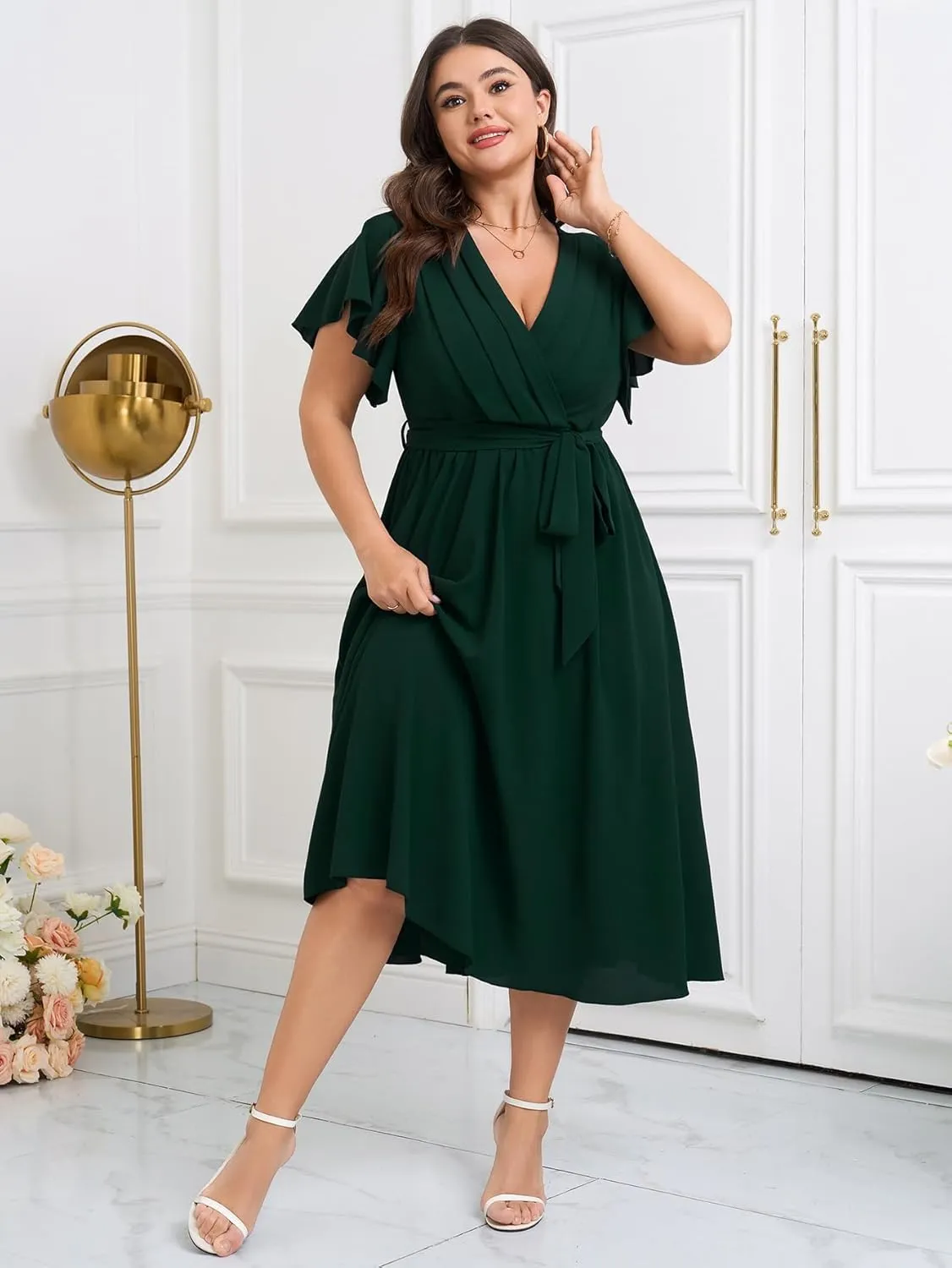 Womens Plus Size Dress Wedding Guest Cocktail Pleated V Neck Wrap V Neck Flowy A Line Midi Dresses with Belt