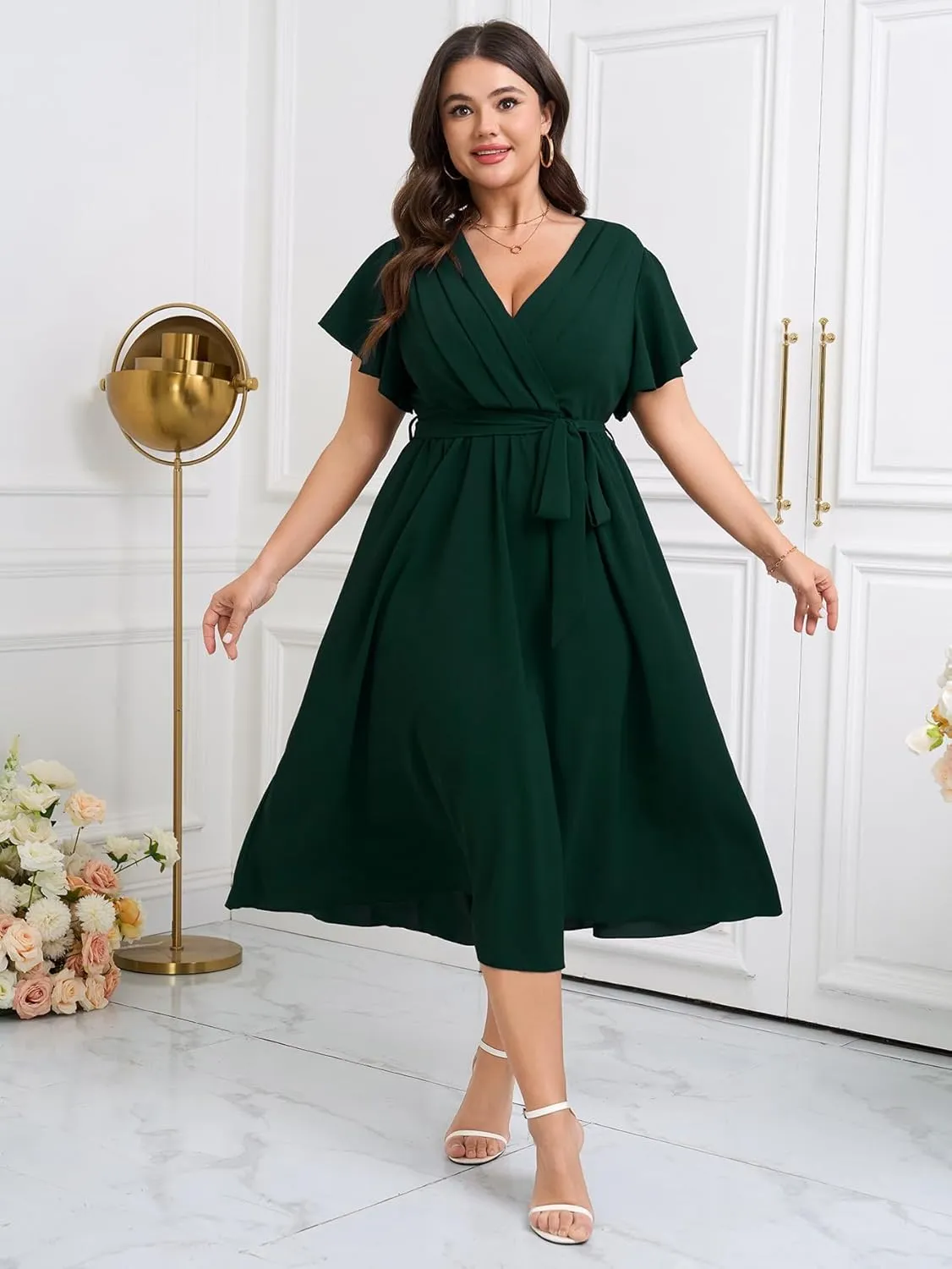 Womens Plus Size Dress Wedding Guest Cocktail Pleated V Neck Wrap V Neck Flowy A Line Midi Dresses with Belt