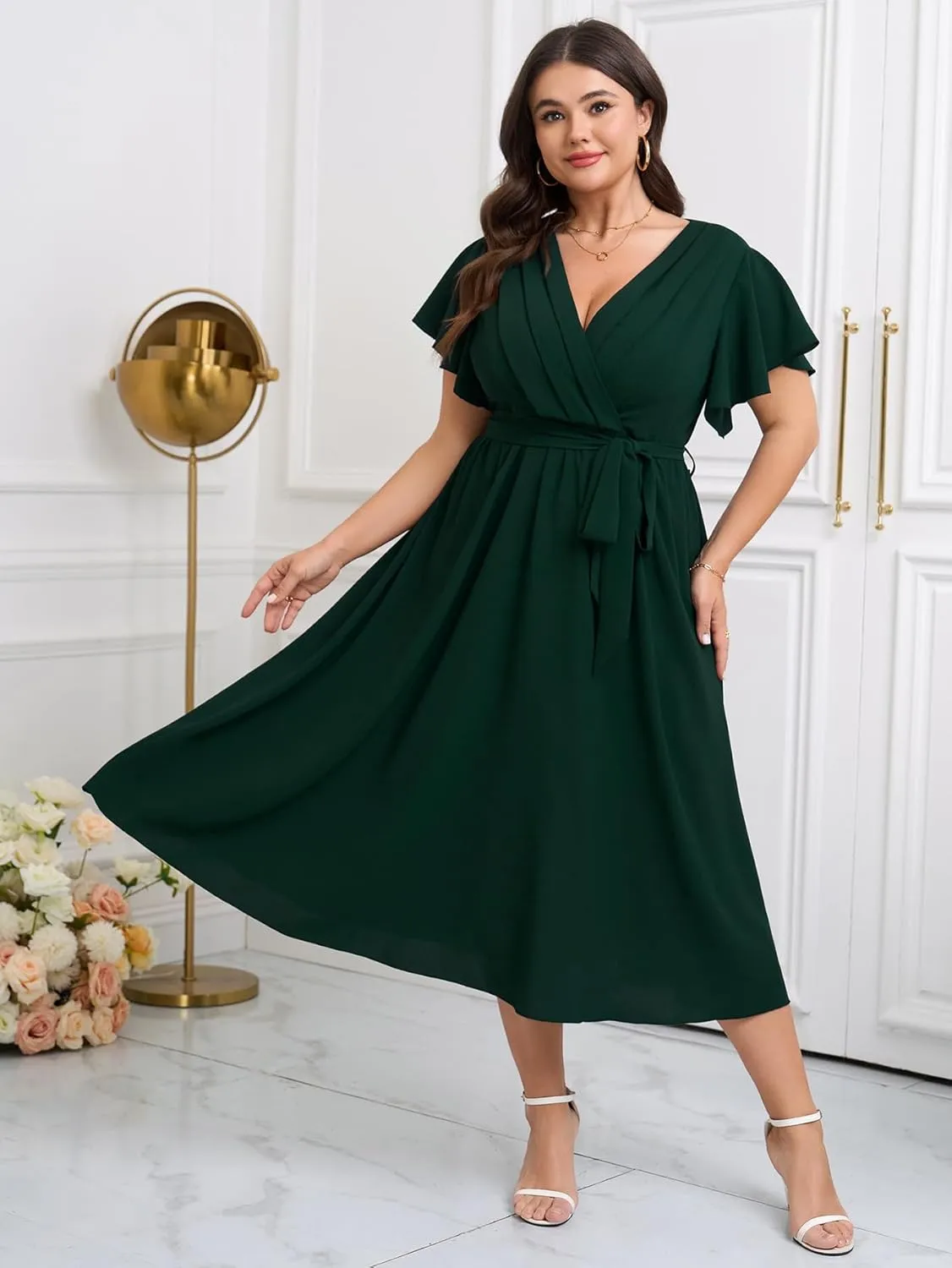 Womens Plus Size Dress Wedding Guest Cocktail Pleated V Neck Wrap V Neck Flowy A Line Midi Dresses with Belt