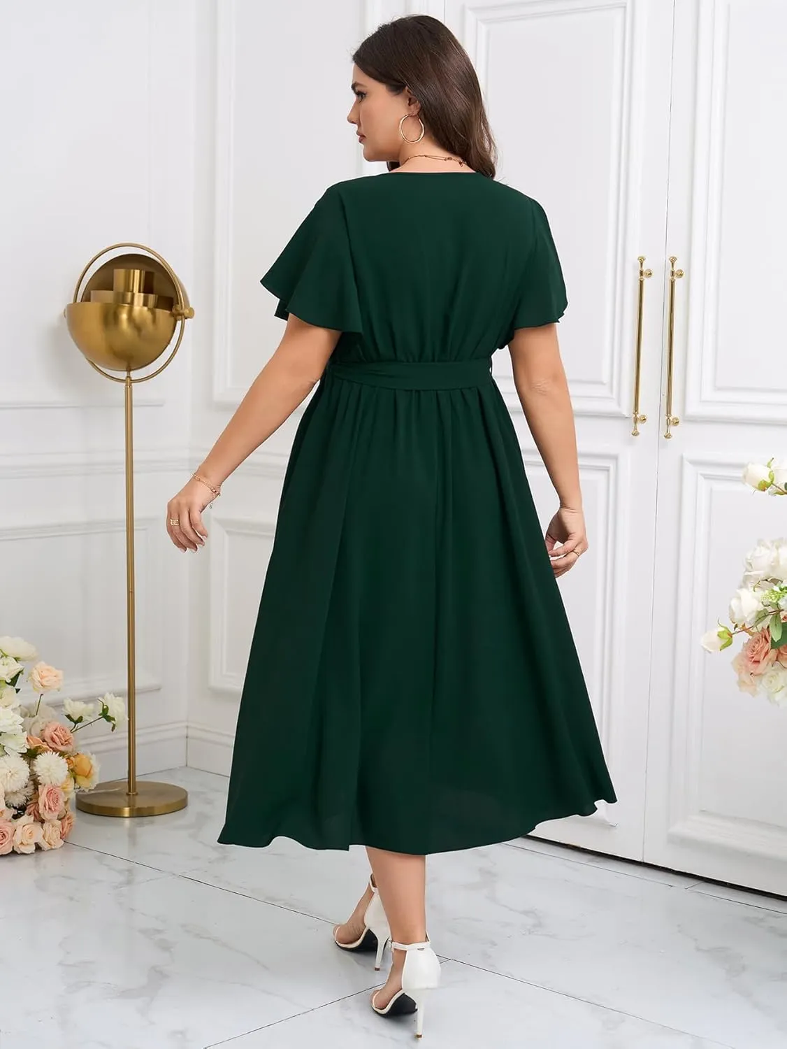 Womens Plus Size Dress Wedding Guest Cocktail Pleated V Neck Wrap V Neck Flowy A Line Midi Dresses with Belt