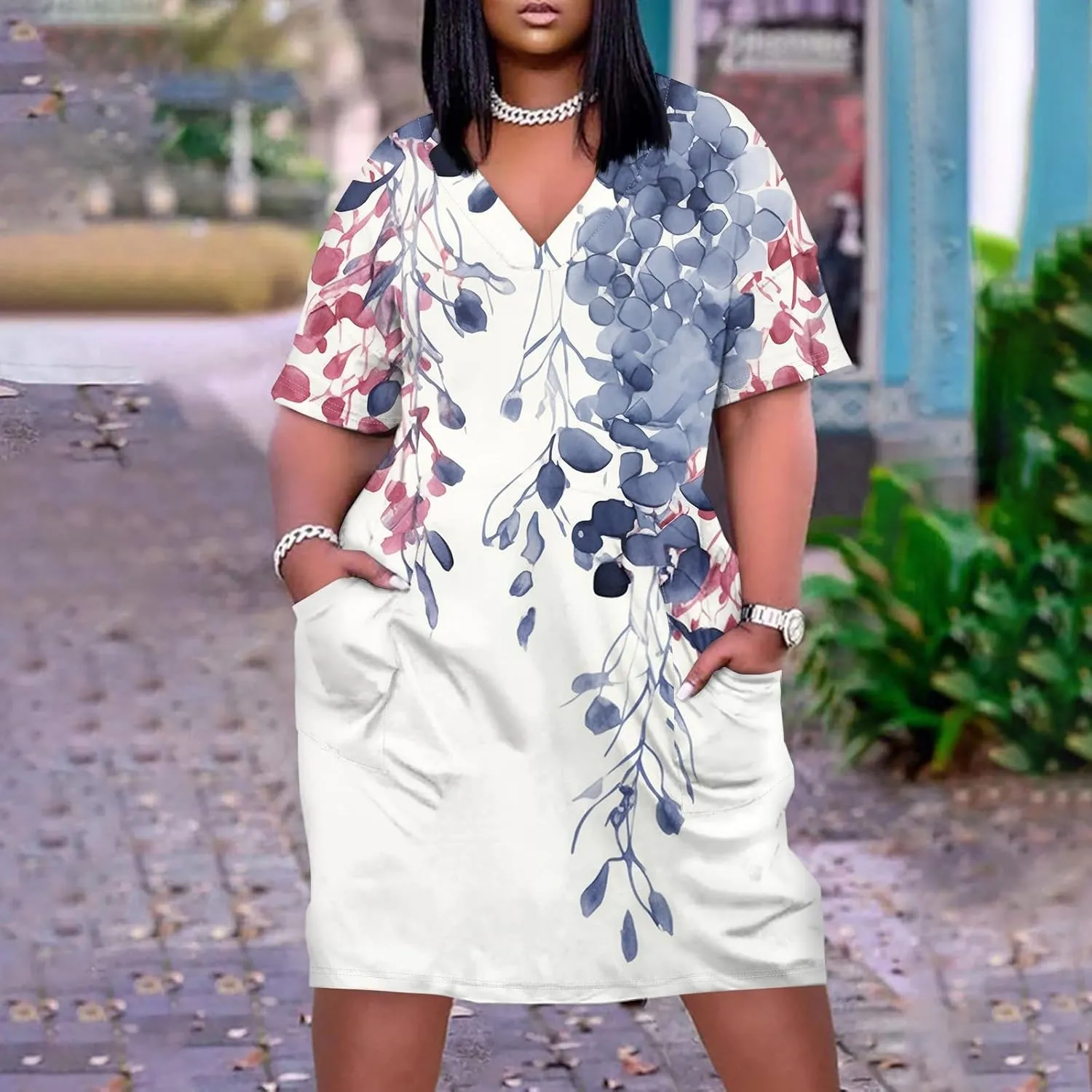 Women's Plus Size Dresses for Curvy Summer V Neck Short Sleeve Solid Midi Oversized T Shirt Dresses, L-5XL