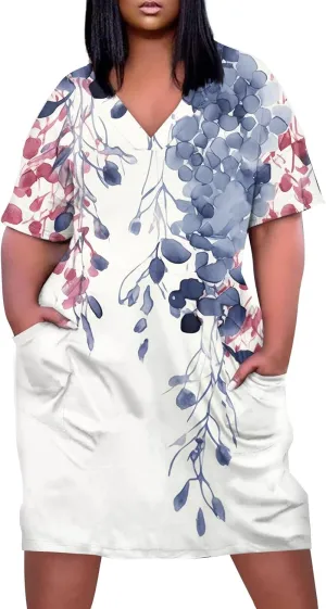 Women's Plus Size Dresses for Curvy Summer V Neck Short Sleeve Solid Midi Oversized T Shirt Dresses, L-5XL