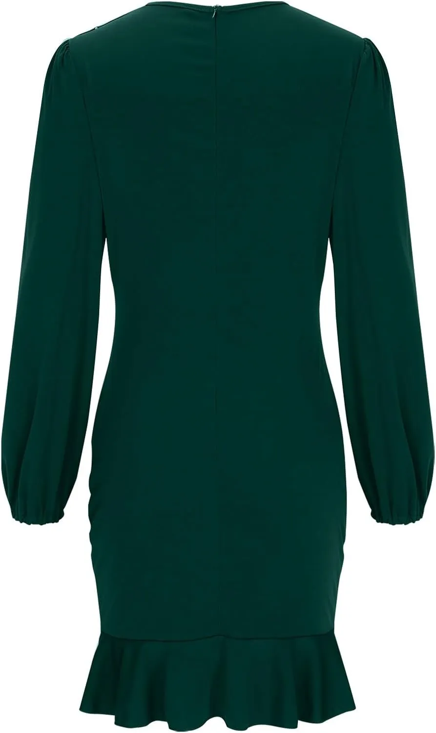 Women's Ruched Bodycon Dress Lantern Long Sleeve Ruffle Pencil Dress Comfy Cocktail Party Wedding Guest Mini Dresses