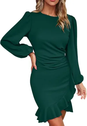 Women's Ruched Bodycon Dress Lantern Long Sleeve Ruffle Pencil Dress Comfy Cocktail Party Wedding Guest Mini Dresses