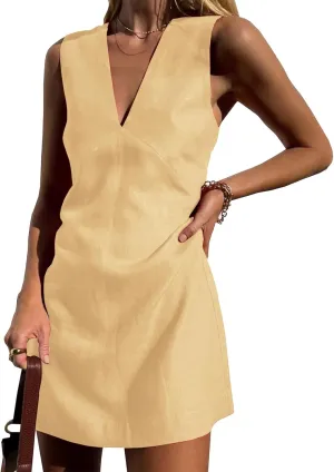 Womens Shirt Dresses Cotton Linen Mini Dress Sleeveless V Neck Tunic Dress Casual Tank Dresses Summer Beach Sundress